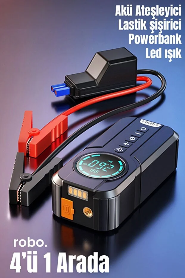 ROBO 4'ü 1 Arada Şarjlı Akü Ateşleyici Lastik Şişirici Powerbank Led Işık 150psi Yüksek Basınçlı